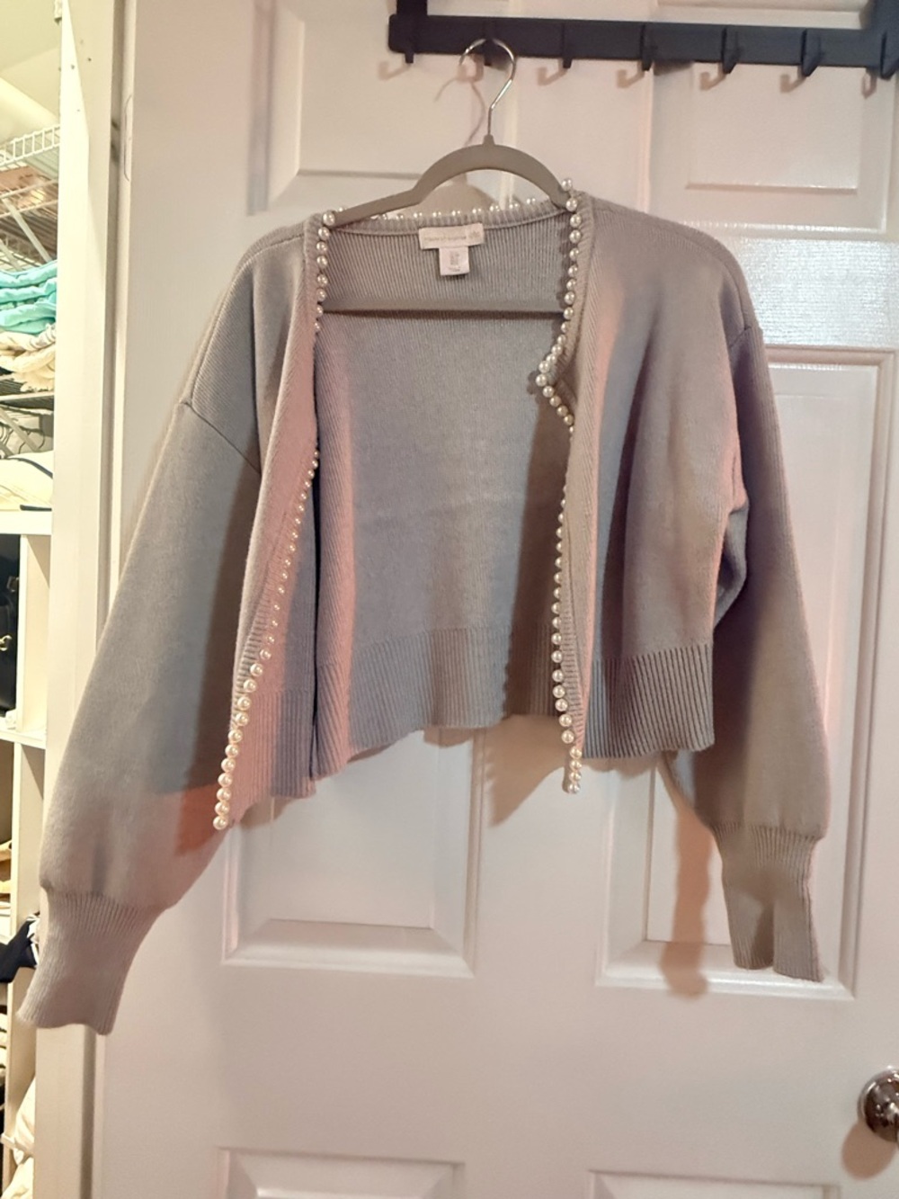 House of Harlow Pearl-Trim Cropped Cardigan Sweater - Light Gray
